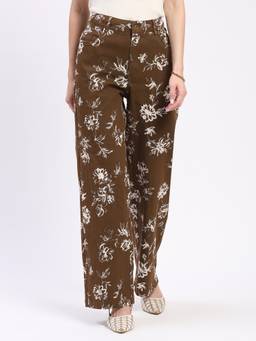 Global Republic - Cotton Blend Floral Print Straight Fit Brown Trouser