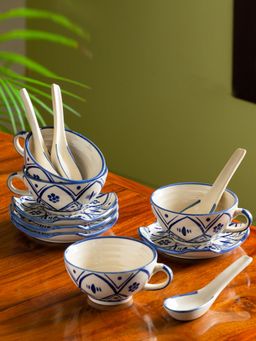 ExclusiveLane - Hand-Painted Studio Pottery Ceramic Soup Bowls With Saucers & Spoons (Microwave Safe)