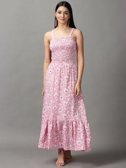 SHOWOFF - Womens Square Neck Maxi Pink Printed Dress