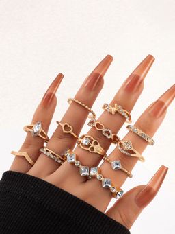 Jewels Galaxy - Gold Plated Stone Studded Contemporary Stackable Rings Set of 13