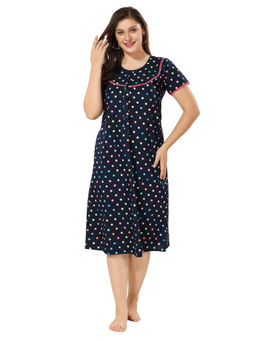 PIU - Navy Blue Maternity Cotton Half Sleeves Polka Print Nighty