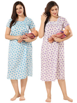 PIU - Blue & Purple Feeding Cotton Half Sleeves Penguin Print Nighties (Pack of 2)