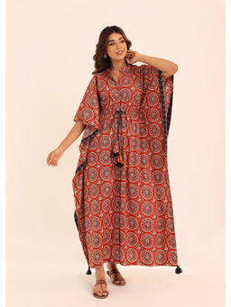 Kaori By Shreya - Red Printed Relaxed Kaftan Kurta with Waist Dori