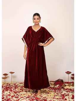 Kaori By Shreya - Western Maroon Velvet Kaftan Kurta with Elbow Length Sleeves