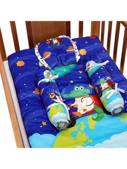 Baby Moo - Space Soft Velvet U Pillow, 2 Side Bolsters Mattress Set - Blue