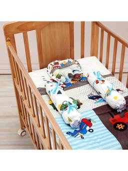 Baby Moo - Truck and Car Soft Velvet U Pillow, 2 Side Bolsters Mattress Set - Multicolour