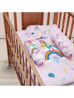 Baby Moo - Unicorn Soft Velvet U Pillow, 2 Side Bolsters Mattress Set - Pink