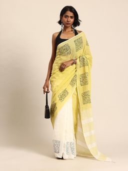 ArtEastri - Handloom Cream Yellow Handblocked Print Cotton Saree with Unstitched Blouse