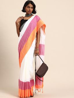 ArtEastri - Handloom White Magenta Orange Colorblock Cotton Saree with Unstitched Blouse
