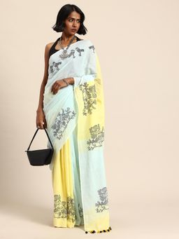 ArtEastri - Handloom Sky Blue and Yellow Cotton Print Saree with Unstitched Blouse