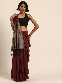 ArtEastri - Handloom Maroon Solid Cotton Saree with Unstitched Blouse