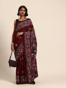 ArtEastri - Maroon Grey Silk Kantha Saree with Unstitched Blouse