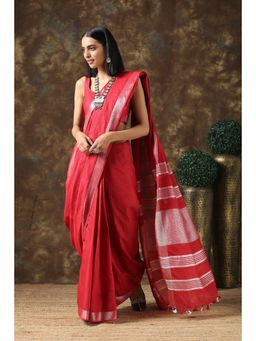 Swtantra - Surreal Scarlet Linen Saree With Silver Border And Unstitched Blouse