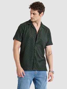 Snitch - Dark Green Self Design Relaxed Fit Shirt