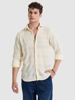 Snitch - Cream Self Design Slim Fit Shirt