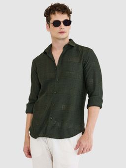 Snitch - Dark Green Self Design Slim Fit Shirt