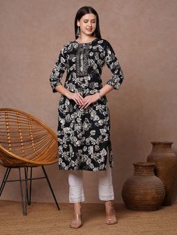 FASHOR - Black Ethnic Floral Printed and Embroidered Straight Fit Kurta