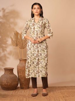 FASHOR - Off White Ethnic Floral Printed Straight Fit Kurta
