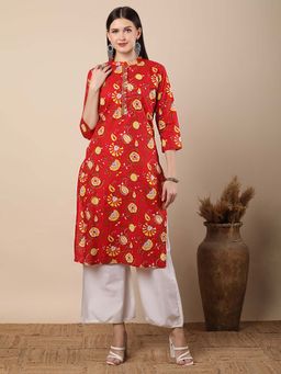 FASHOR - Red Ethnic Floral Printed Straight Fit Kurta