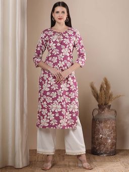 FASHOR - Pink Ethnic Floral Printed Straight Fit Kurta