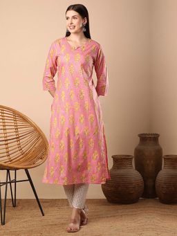 FASHOR - Pink Ethnic Floral Printed Straight Fit Kurta