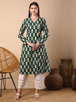 FASHOR - Green Ethnic Floral Printed A-Line Flared Kurta