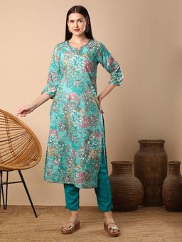 FASHOR - Green Ethnic Floral Printed A-Line Flared Kurta