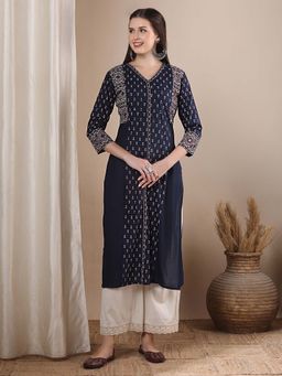 FASHOR - Blue Ethnic Printed Straight Fit Kurta