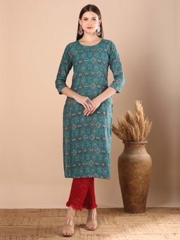FASHOR - Teal Ethnic Printed and Embroidered Straight Fit Kurta