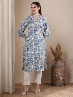 FASHOR - Blue Floral Prints and Embroidered A-Line Flared Kurta