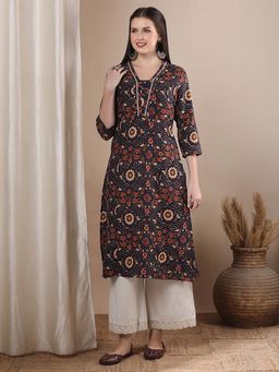 FASHOR - Blue Ethnic Floral Printed A-Line Panelled Kurta