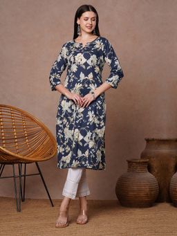 FASHOR - Blue Ethnic Floral Printed and Embroidered Straight Fit Kurta