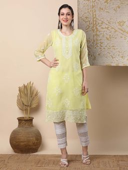 FASHOR - Yellow Embroidered Straight Fit Kurta with Inner (Set of 2)