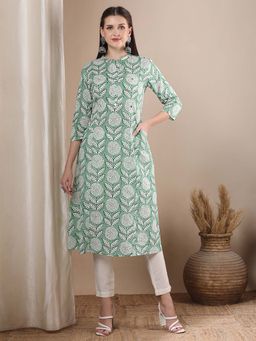 FASHOR - Green Ethnic Floral Printed A-Line Flared Kurta