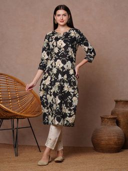 FASHOR - Black Ethnic Floral Printed and Embroidered Straight Fit Kurta