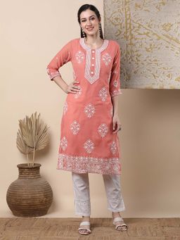 FASHOR - Peach Floral Embroidered Straight Fit Kurta (Set of 2)
