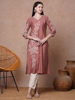 FASHOR - Mauve Floral Embroidered Straight Fit Kurta