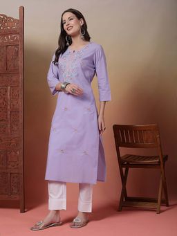 Rama's - Women Lavender Embroidery Straight Kurta