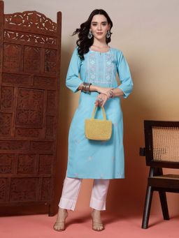 Rama's - Women Turquoise Blue Embroidery Straight Kurta