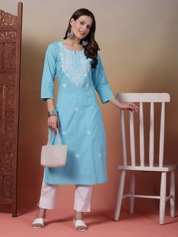 Rama's - Women Turquoise Blue Embroidery Straight Kurta