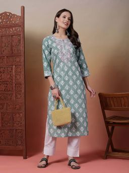 Rama's - Women Olive Embroidery Printed Straight Kurta