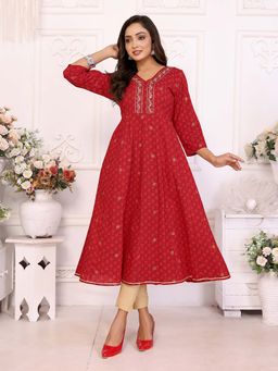 Rangita - Women Red Cotton Embroidered Flared Calf Length Kurta