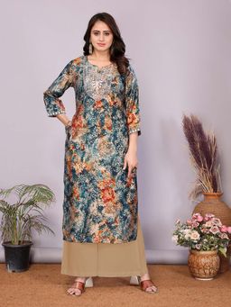 Rangita - Women Teal Chanderi Embroidered Straight Calf Length Kurta