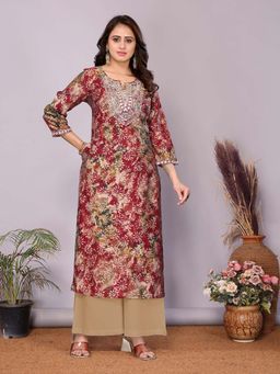 Rangita - Women Maroon Chanderi Embroidered Straight Calf Length Kurta