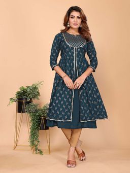 Rangita - Women Teal Rayon Flared Calf Length Kurta