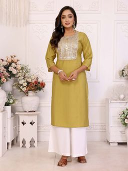 Rangita - Women Mustard Embroidered Straight Calf Length Kurta