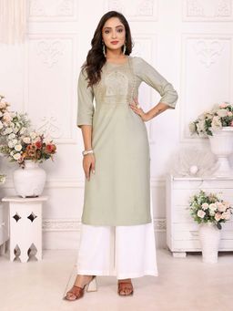 Rangita - Women Light Grey Embroidered Straight Kurta