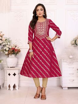 Rangita - Women Red Embroidered A-Line Calf Length Kurta