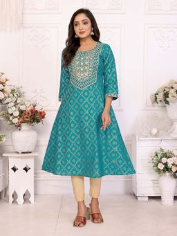 Rangita - Women Teal Embroidered A-Line Calf Length Kurta