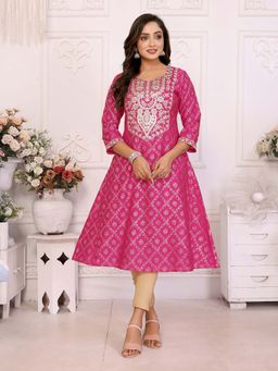 Rangita - Women Pink Embroidered A-Line Calf Length Kurta